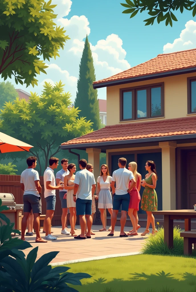 Guys having a barbecue in the afternoon with foreign women in front of the house.