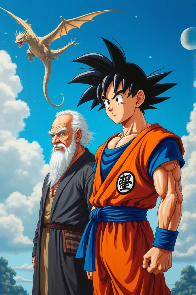 Give me a big painting of Goku and Grandpa Johan and the dragon in the background in a blue sky 