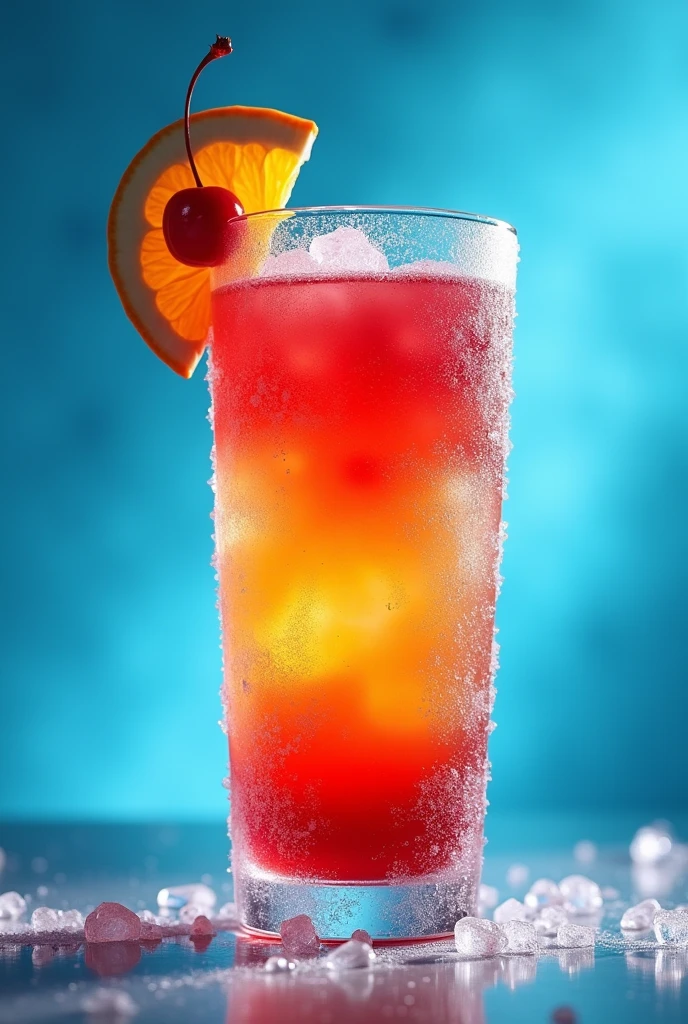 "Generate an image of a Tequila Sunrise cocktail in a frosty, icy cocktail glass. The glass should be covered in ice particles, with the drink showing a vibrant gradient from orange to red. Garnish with an orange slice and a cherry. The background should be a cool, gradient blue, highlighting the icy and refreshing appearance of the glass and cocktail, with lighting that emphasizes the frost and coldness."