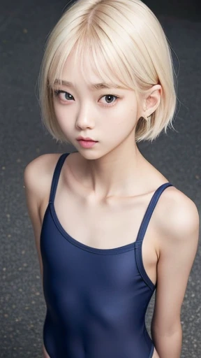 ((sfw:1.5)),((sfw:1.5)),((from above:1.5)),((Upper Body:1.5)) Korean Asian ager Photos、((Beautiful and cute idol girl:1.5))、Platinum Blonde Hair、10yorow eyes:1.5、Thin face、Thin neck、((Slim body)),((skinny):1.5),((Flat chest:1.5)),((clavicle)),((Narrow eyes:1.5))、(Thin arms)、(Thin neck)、(Thin lips)、A small smile、Thin arms、(Dark blue school swimsuit:1.5)