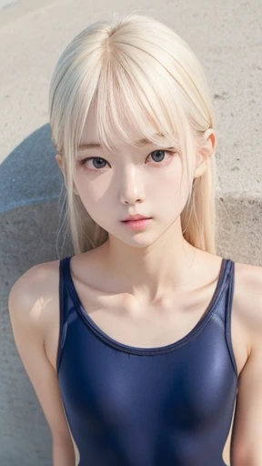 ((sfw:1.5)),((sfw:1.5)),((from above:1.5)),((Upper Body:1.5)) Korean Asian ager Photos、((Beautiful and cute idol girl:1.5))、Platinum Blonde Hair、10yorow eyes:1.5、Thin face、Thin neck、((Slim body)),((skinny):1.5),((Flat chest:1.5)),((clavicle)),((Narrow eyes:1.5))、(Thin arms)、(Thin neck)、(Thin lips)、A small smile、Thin arms、(Dark blue school swimsuit:1.5)