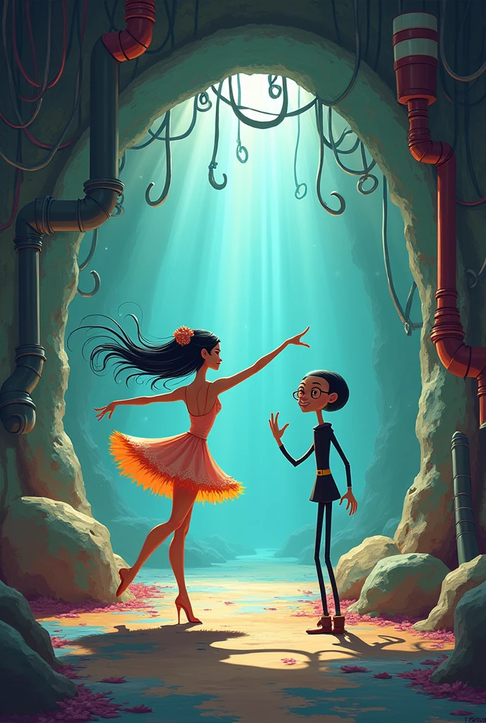 A dancer next to a stick soldier inside an animated sewer