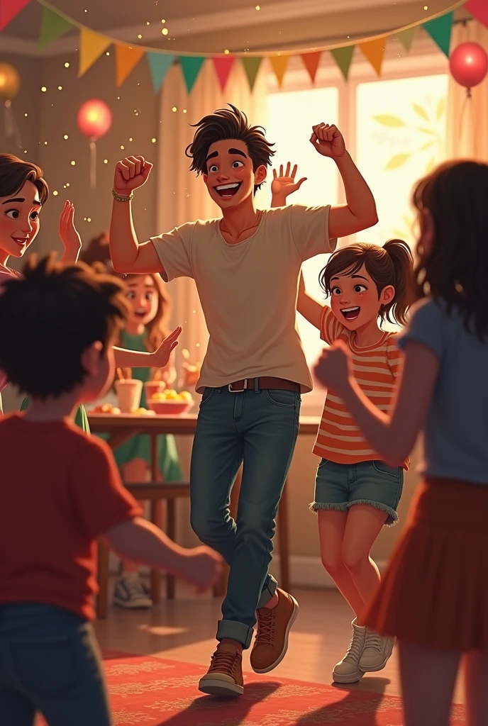 I want a picture of a boy in his adult stage with dark brown hair, short man wearing a t-shirt and jeans. He is dancing with other young boys and girls around him at a party where you can see some furniture in the background such as tables with food and decorations..