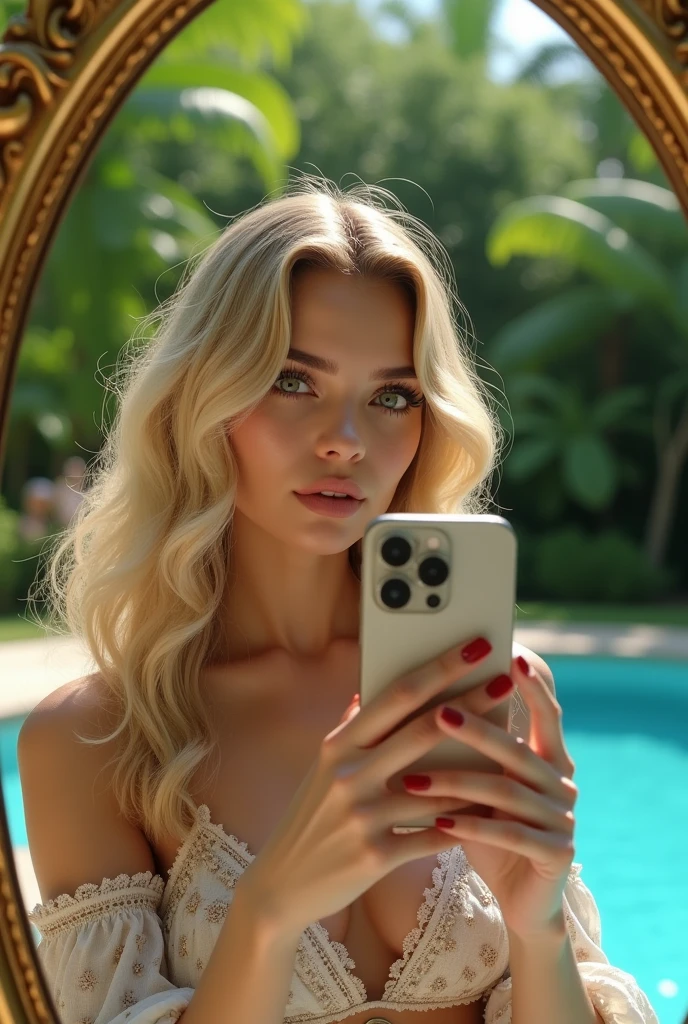 (best qualityer))), highly detailed, high resolution. 25 year old female, blondie hair, clear green eyes, fleshy lips, heavy make-up, in the room in front of the mirror taking a photo in the background garden and a swimming pool, holding iPhone pro Max 15