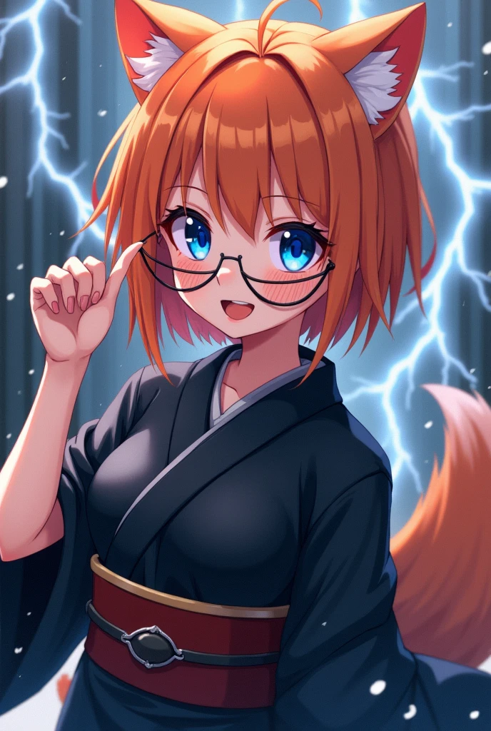 Mature anime girl, orange short hair, wolfcut hair, round glasses, Take-Mikazuchi, God of Thunder, blue eyes, black yukata, , playful, cat girl, goth