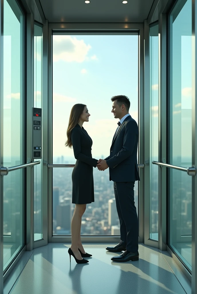 it is day. In the translucent glass cabin of an Orbit brand elevator, There is a couple dressed in business attire, chatting happily. The woman is wearing a skirt and holding on to the handrail inside the elevator. The image shows the buttons that are inside the elevator cabin.