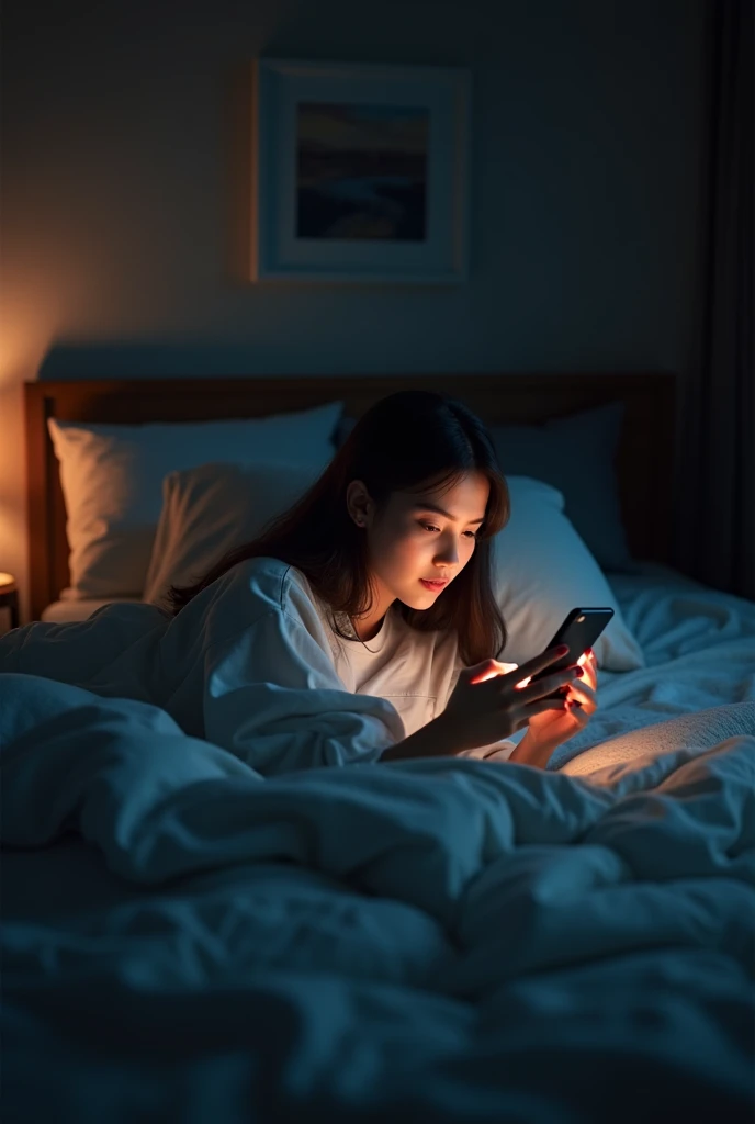 Girl lying on the bed in her dark room chatting on her cell phone