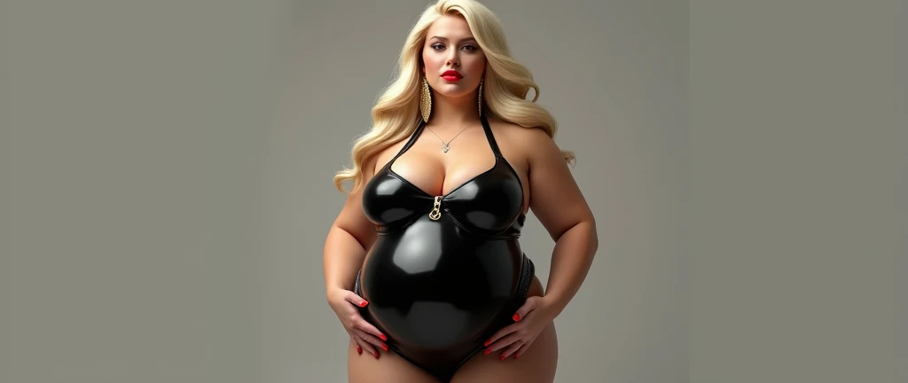 A blonde bimbo girl with gigantic breasts and bum, massive lips and dressed in a black latex catsuit, pregnant