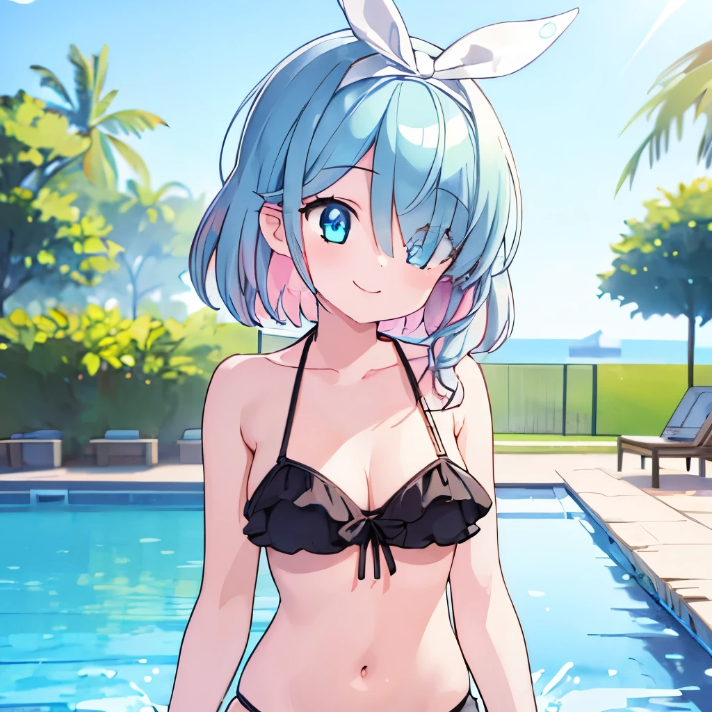 ((masterpiece)), ((best quality)), (ultra-detailed), pool, a cute girl, 1girl, solo, bikini, ((beautiful eyes)), smile