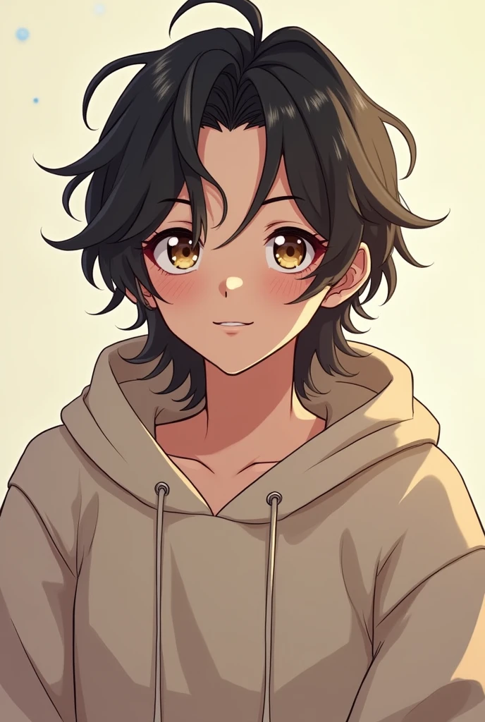 Chico, high but not too much, long wavy black hair, Brown eyes, wears puffy casual clothes. anime style.