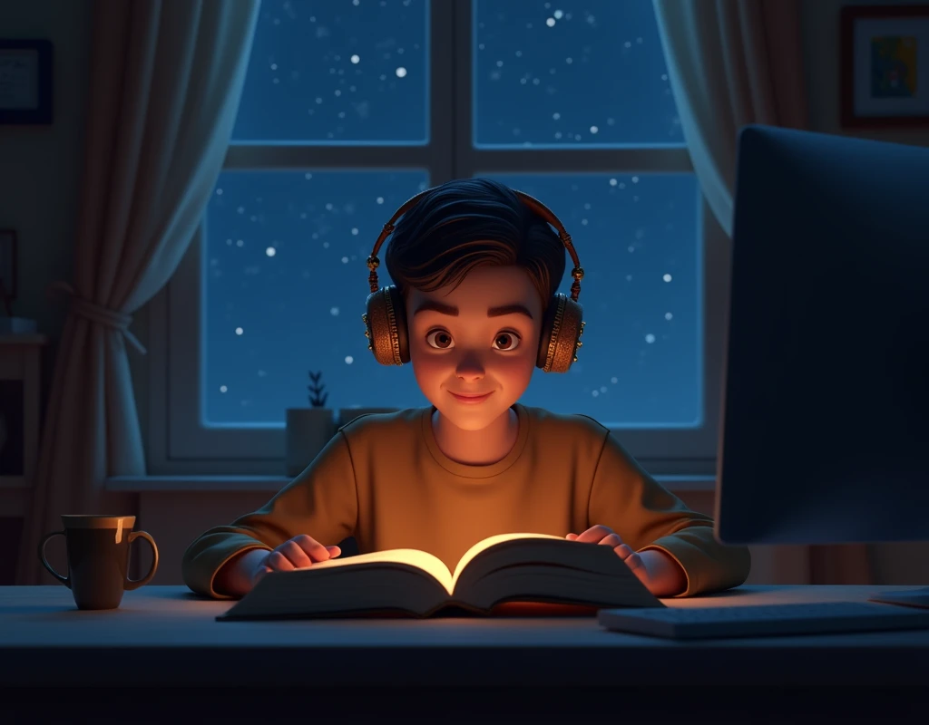 Young man in his room, in the city Waring Earpads Studding with a book in front of a computer ,with stars in the window at night Hyper realistic, (In first person),8k,Ultra detailed HD,Pixar-style,High definition,16:9