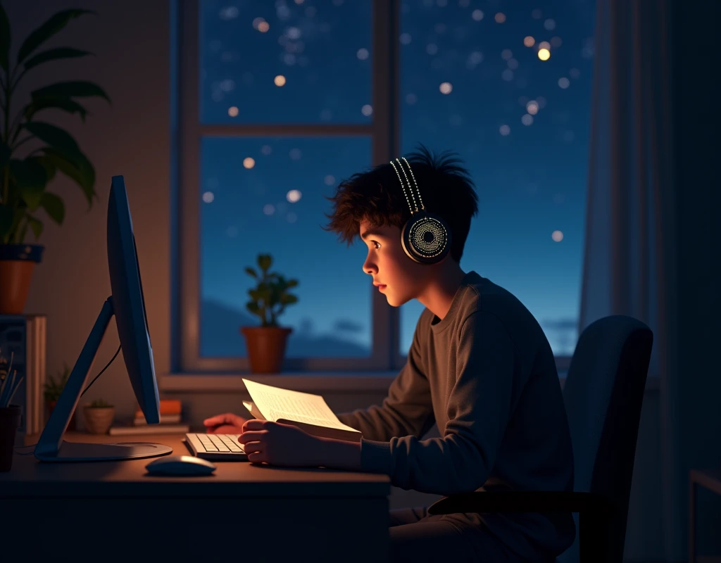 Young man in his room, in the city Waring Earpads Studding with a book in front of a computer ,with stars in the window at night Hyper realistic, (In first person),8k,Ultra detailed HD,Pixar-style,High definition,16:9