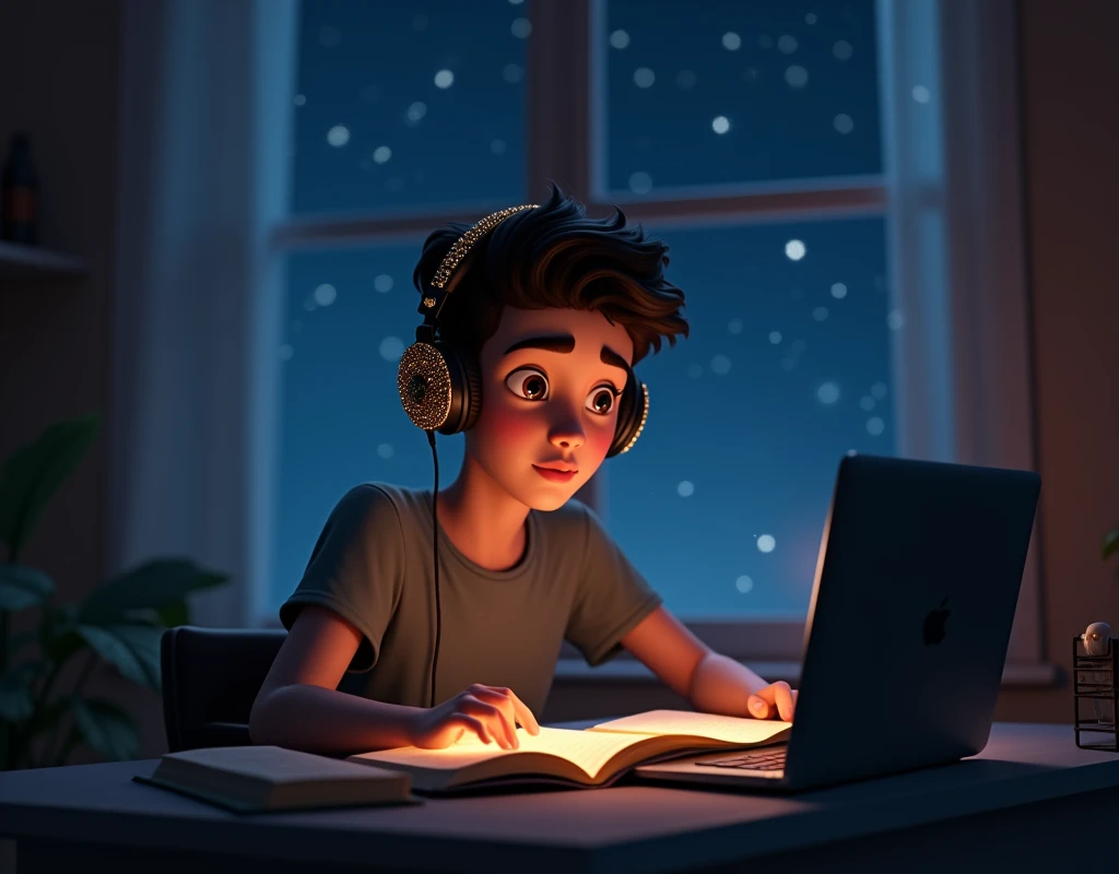 Young man in his room, in the city Waring Earpads Studding with a book in front of a computer ,with stars in the window at night Hyper realistic, (In first person),8k,Ultra detailed HD,Pixar-style,High definition,16:9