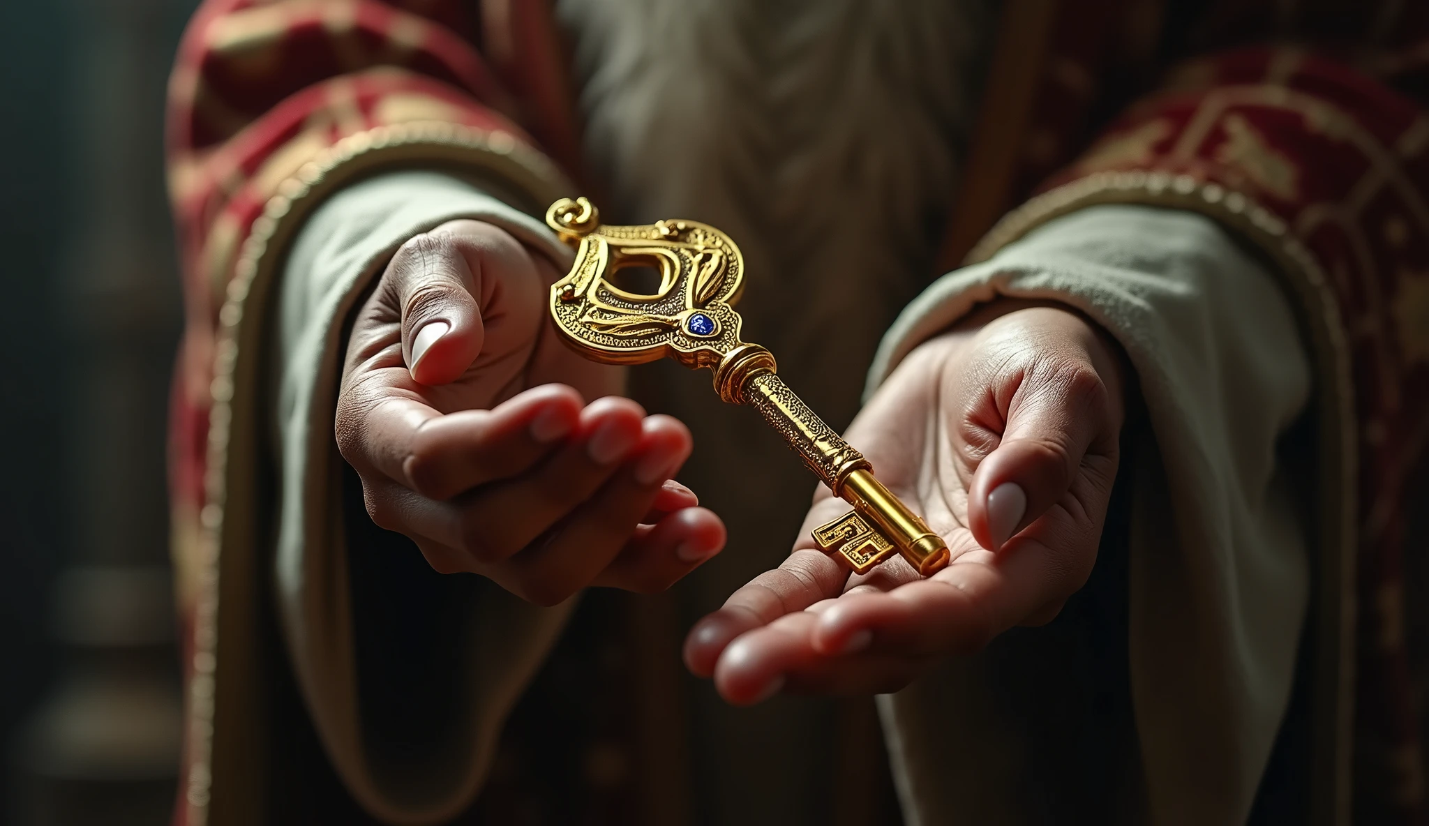 Create a hyper-realistic and mysterious image of Solomon's hands holding an intricately decorated golden key, representing the secret to a prosperous and meaningful life. The key must have fine details, like old engravings and inlaid gemstones, symbolizing the value and rarity of the knowledge it unlocks. The background should be softly blurred, showing just a glimpse of a partially open ancient door, suggesting that the key is about to reveal a profound and transformative secret. Soft lighting should create a dramatic focus on the key and hands., emphasizing the mystery and importance of the moment.