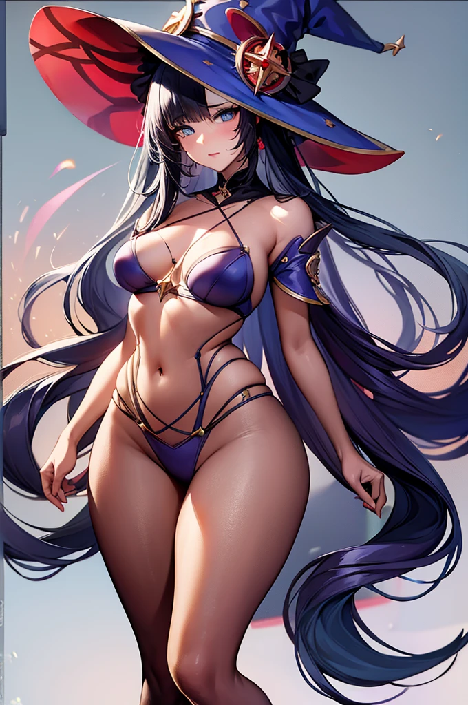 mona, blue eyes, hair between eyes, twintails, very long hair, purple hair, hat, (small breast:1.2, big hips:1.2), witch hat, , (full body), (masterpiece), (best quality), ultra high res, ultra detailed, detailed eyes, intricate, 1girl, looking at viewer, collarbone, ((big hips, tight clothes, cleavage, looking at the viewer)), (abs:0.8), blushed, (realistic:1.2), (realism), (masterpiece:1.2), (best quality), (ultra detailed), (8k, 4k, intricate), (85mm), light particles, lighting, (highly detailed:1.2), (detailed face:1.2), (gradients), colorful, (detailed eyes:1.2), (detailed background), detailed landscape, (dynamic angle:1.2), (rule of third_composition:1.3), (Line of action:1.2), seducing pose,