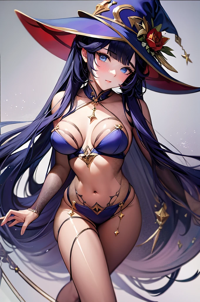 mona, blue eyes, hair between eyes, twintails, very long hair, purple hair, hat, (small breast:1.2, big hips:1.2), witch hat, , (full body), (masterpiece), (best quality), ultra high res, ultra detailed, detailed eyes, intricate, 1girl, looking at viewer, collarbone, ((big hips, tight clothes, cleavage, looking at the viewer)), (abs:0.8), blushed, (realistic:1.2), (realism), (masterpiece:1.2), (best quality), (ultra detailed), (8k, 4k, intricate), (85mm), light particles, lighting, (highly detailed:1.2), (detailed face:1.2), (gradients), colorful, (detailed eyes:1.2), (detailed background), detailed landscape, (dynamic angle:1.2), (rule of third_composition:1.3), (Line of action:1.2), seducing pose,