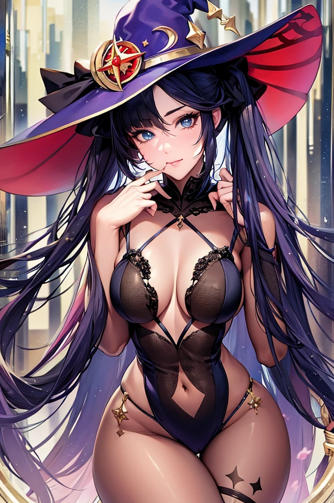 mona, blue eyes, hair between eyes, twintails, very long hair, purple hair, hat, (small breast:1.2, big hips:1.2), witch hat, , (full body), (masterpiece), (best quality), ultra high res, ultra detailed, detailed eyes, intricate, 1girl, looking at viewer, collarbone, ((big hips, tight clothes, cleavage, looking at the viewer)), (abs:0.8), blushed, (realistic:1.2), (realism), (masterpiece:1.2), (best quality), (ultra detailed), (8k, 4k, intricate), (85mm), light particles, lighting, (highly detailed:1.2), (detailed face:1.2), (gradients), colorful, (detailed eyes:1.2), (detailed background), detailed landscape, (dynamic angle:1.2), (rule of third_composition:1.3), (Line of action:1.2), seducing pose,