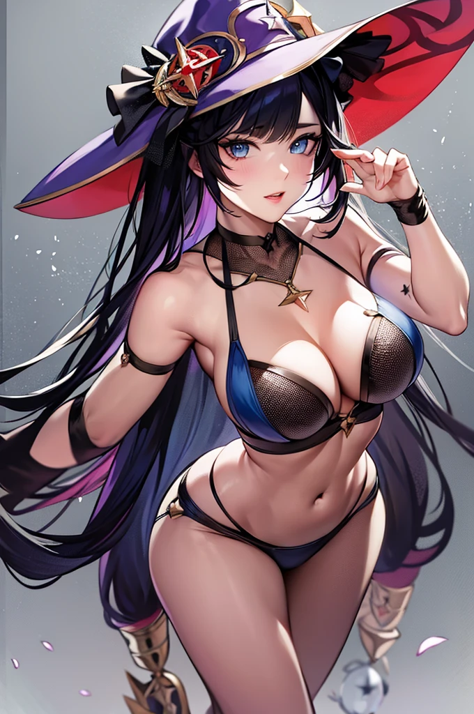 mona, blue eyes, hair between eyes, twintails, very long hair, purple hair, hat, (small breast:1.2, big hips:1.2), witch hat, , (full body), (masterpiece), (best quality), ultra high res, ultra detailed, detailed eyes, intricate, 1girl, looking at viewer, collarbone, ((big hips, tight clothes, cleavage, looking at the viewer)), (abs:0.8), blushed, (realistic:1.2), (realism), (masterpiece:1.2), (best quality), (ultra detailed), (8k, 4k, intricate), (85mm), light particles, lighting, (highly detailed:1.2), (detailed face:1.2), (gradients), colorful, (detailed eyes:1.2), (detailed background), detailed landscape, (dynamic angle:1.2), (rule of third_composition:1.3), (Line of action:1.2), seducing pose,