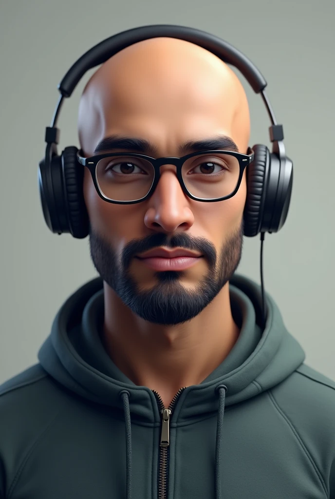 A Pakistani Skin Toned Young man completely bald, small beard and normal mustache, in portrait bitmoji image. wearing glasses. wearing moderate size headphone. be a healthy ROUND face. and his face should be from facing just like in passport picture. eyes should not be that much opened. make the skin a little dark. can you make it a bit more 3d animatic?