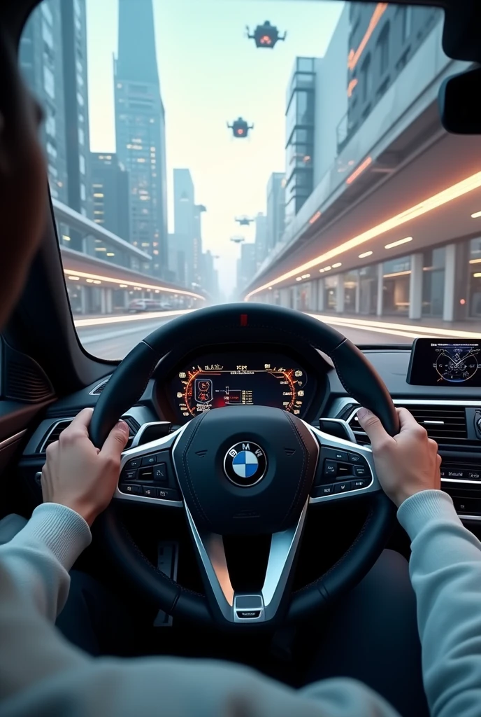 Create a POV photo with driving a brand new bmw z4 in future, behind the steering wheel