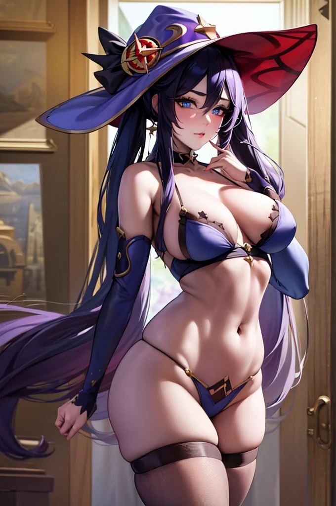 mona, blue eyes, hair between eyes, twintails, very long hair, purple hair, hat, (small breast:1.2, big hips:1.2), witch hat, , (full body), (masterpiece), (best quality), ultra high res, ultra detailed, detailed eyes, intricate, 1girl, looking at viewer, collarbone, ((big hips, tight clothes, cleavage, looking at the viewer)), (abs:0.8), blushed, (realistic:1.2), (realism), (masterpiece:1.2), (best quality), (ultra detailed), (8k, 4k, intricate), (85mm), light particles, lighting, (highly detailed:1.2), (detailed face:1.2), (gradients), colorful, (detailed eyes:1.2), (detailed background), detailed landscape, (dynamic angle:1.2), (rule of third_composition:1.3), (Line of action:1.2), seducing pose,