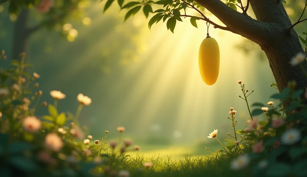bright, magical morning in the garden with soft sunlight illuminating the yellow cocoon hanging above the tree, creating an atmosphere of anticipation and wonder."