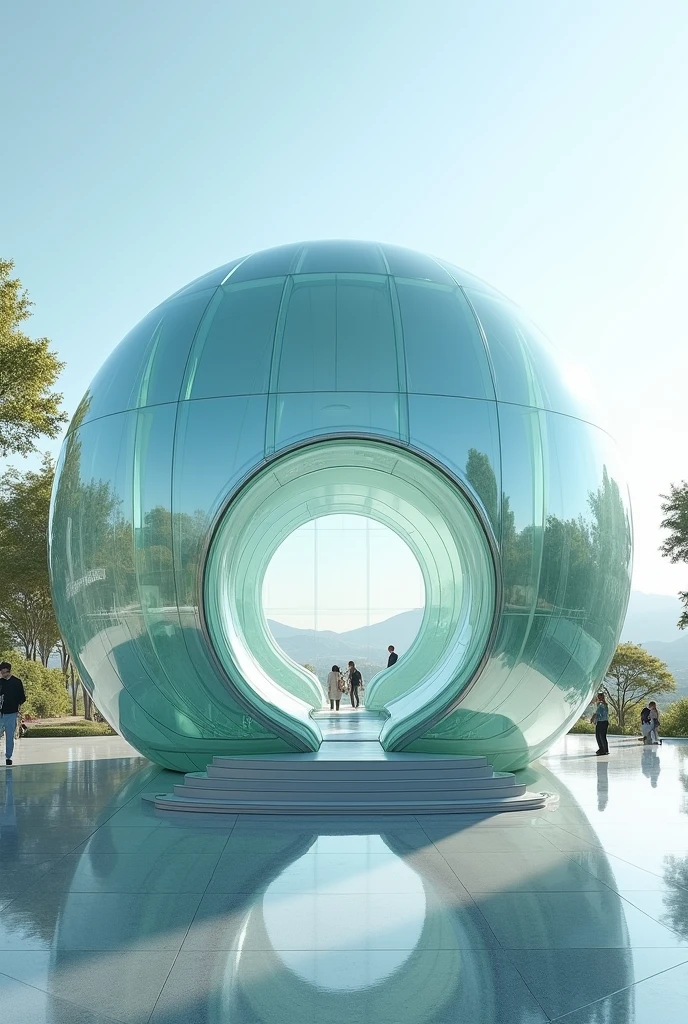 Ball-shaped building made entirely of glass, with smile shaped door
