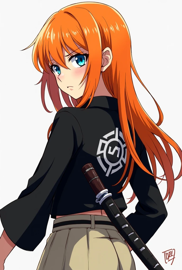 create an orange haired girl, with long, loose hair, with locks that fall softly on her shoulders. Their eyes are their most distinctive feature: The right eye is a deep blue, while the left eye is completely white, without iris or pupil. He wears the uniform of the demon hunters, with a light hakama and a black jacket with the organization's symbol on the back. On his belt he carries a Nichirin sword, ready to be drawn at any time. His expression is firm and determined, with an intense look that reflects his determination to fight the demons. The drawing style must be that of Demon Slayer