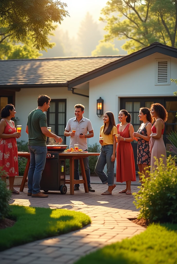 Three guys having a barbecue in the afternoon with foreign women in front of the house.