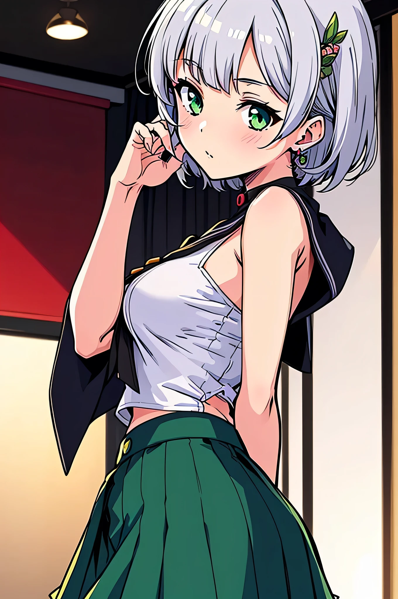 all intricate details, cientificamente: perfect body, girl 1, (masterpiece, best quality:1.2), illustration, solo, 1girl view, short hair, white hair, green eyes, short green blazer, black miniskirt, detailed background, looking at viewer, hair ornaments, indoors, sexy pose