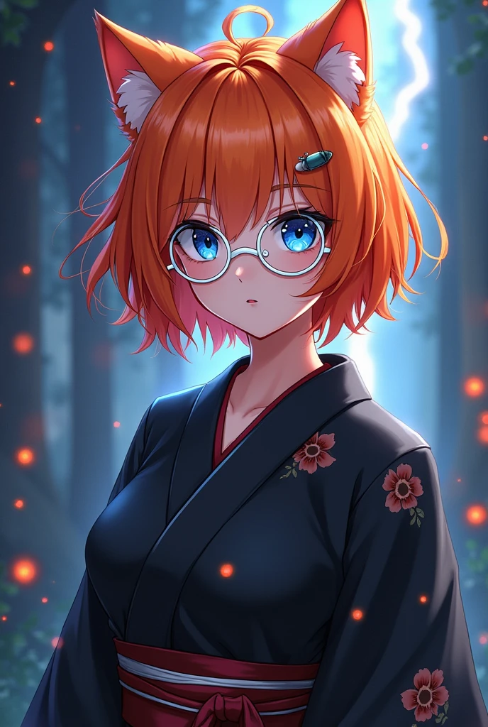 Mature anime girl, orange short hair, wolfcut hair, white round glasses, Take-Mikazuchi, God of Thunder, blue eyes, black yukata, , playful, cat girl, goth