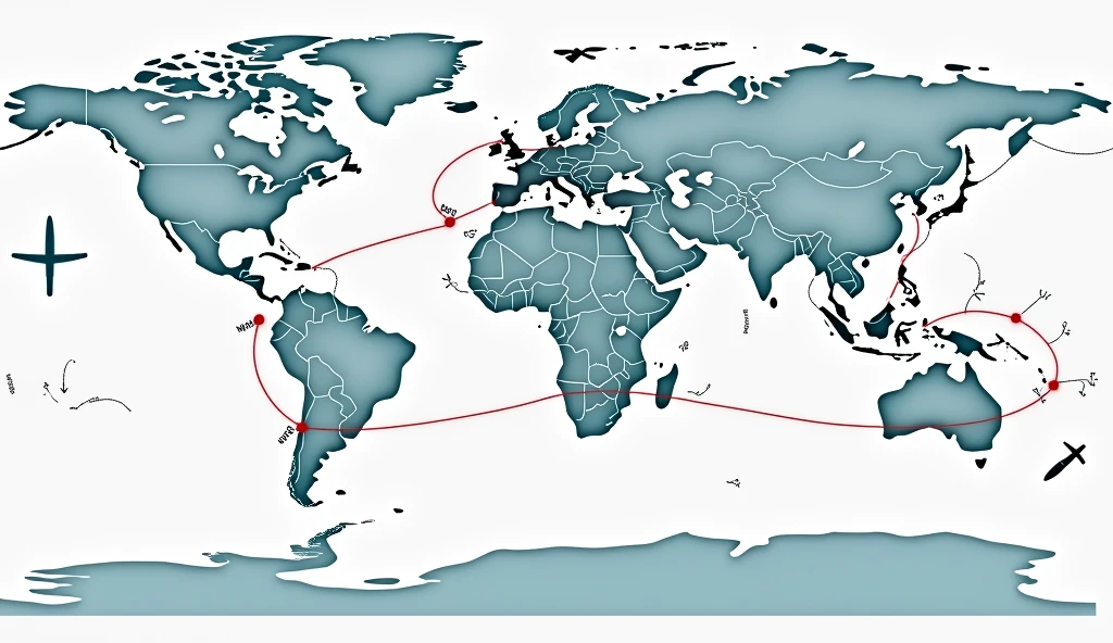 Map showing the route of transporting parcels between countries by ship and plane of the company Import Waves Group.