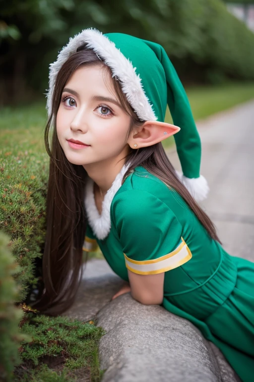 (disable censorship), (realistic photo), (masterpiece), (high quality), (ultra hd), cute chinese girl wearing christmas elf cosplay, blond-pink gradient hair, wearing green top, wearing green lifted skirt, wearing red-white striped socks, seductive, sitting on bed, small boobs, spreading legs, touching her shaved pussy, showing pussy, bedroom