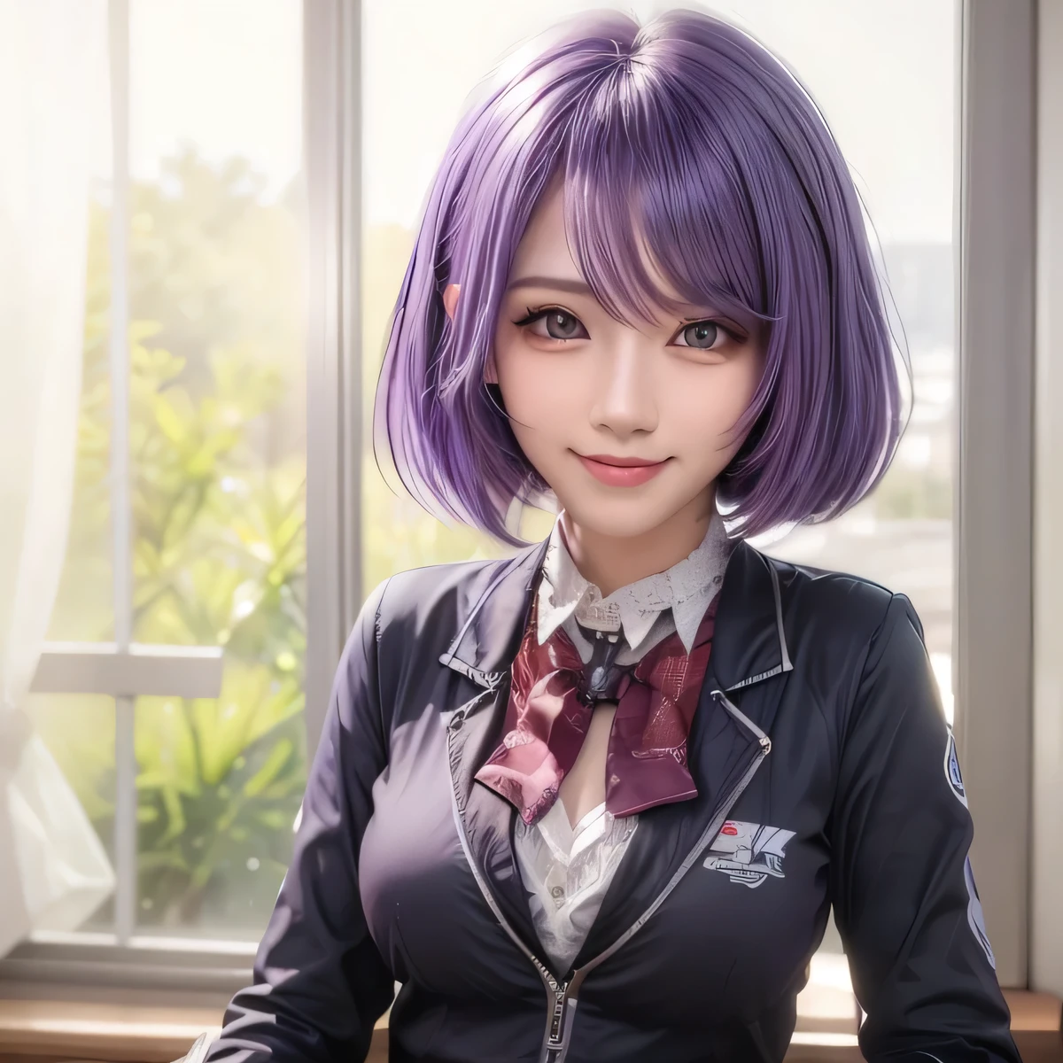 Masterpiece, best quality, CG, wallpaper, HDR, high quality, high-definition, extremely detailed, looking at viewer, smile, cute girl, ultra realistic, ultra detail, 70 mm lens, purple hair