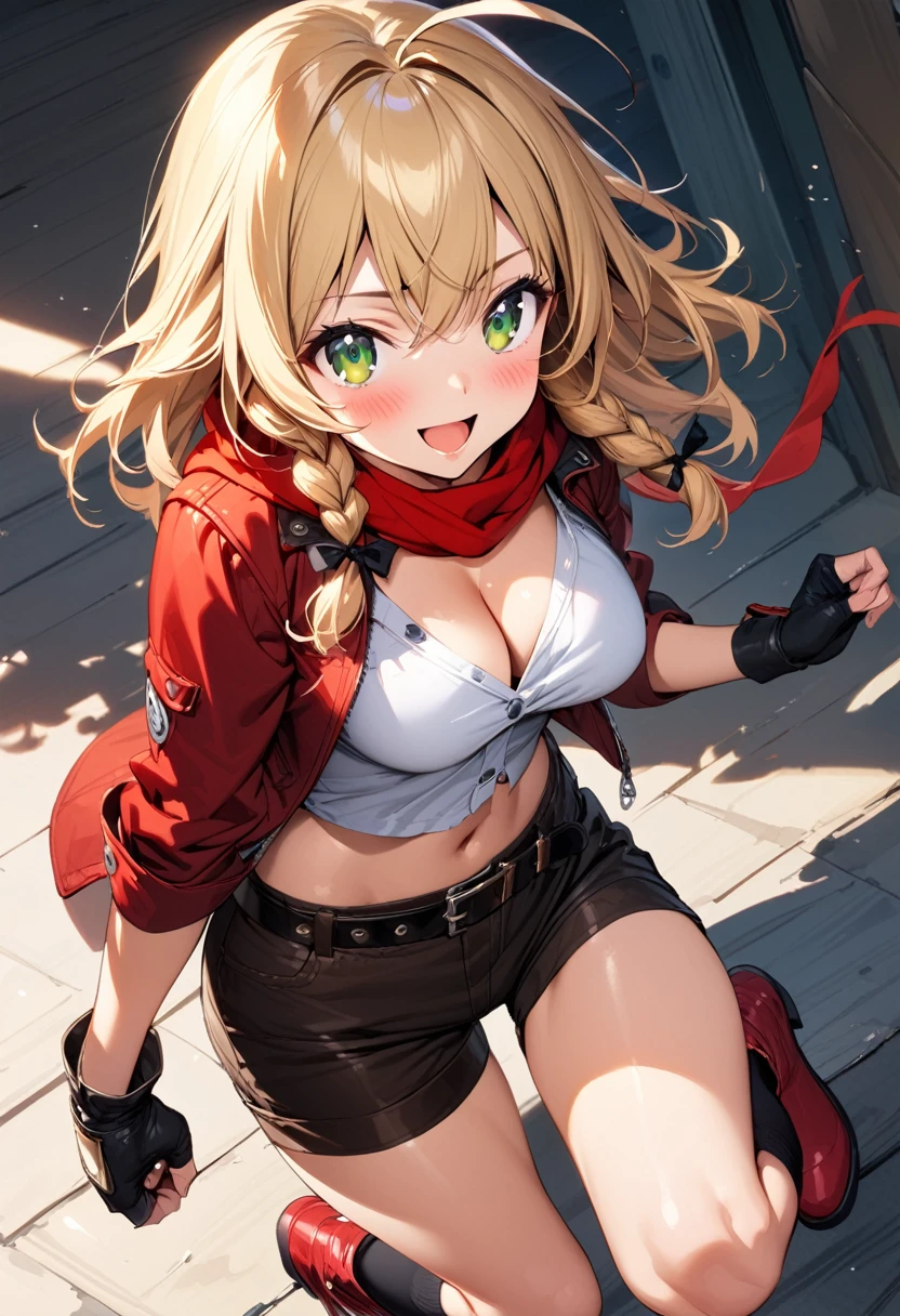 (masterpiece),(best quality),(ultra-detailed),(best illustration),(best shadow),(absurdres),(detailed background),(very aesthetic), 1girl, solo, blonde-hair, braid, boots, ahoge, shorts, gloves, fingerless-gloves, open-mouth, belt, socks, red-jacket, smile, breasts, black-socks, scarf, single-braid, reverse-grip jacket, side-braid, cleavage, medium-breasts, simple-background, kneehighs, green-eyes, looking-at-viewer, cropped-jacket, red-scarf, red-footwear, kirisame-marisa, blush, knee-boots, standing, short-hair, open-jacket, shirt, black-gloves, :d, short-shorts, short-sleeves
