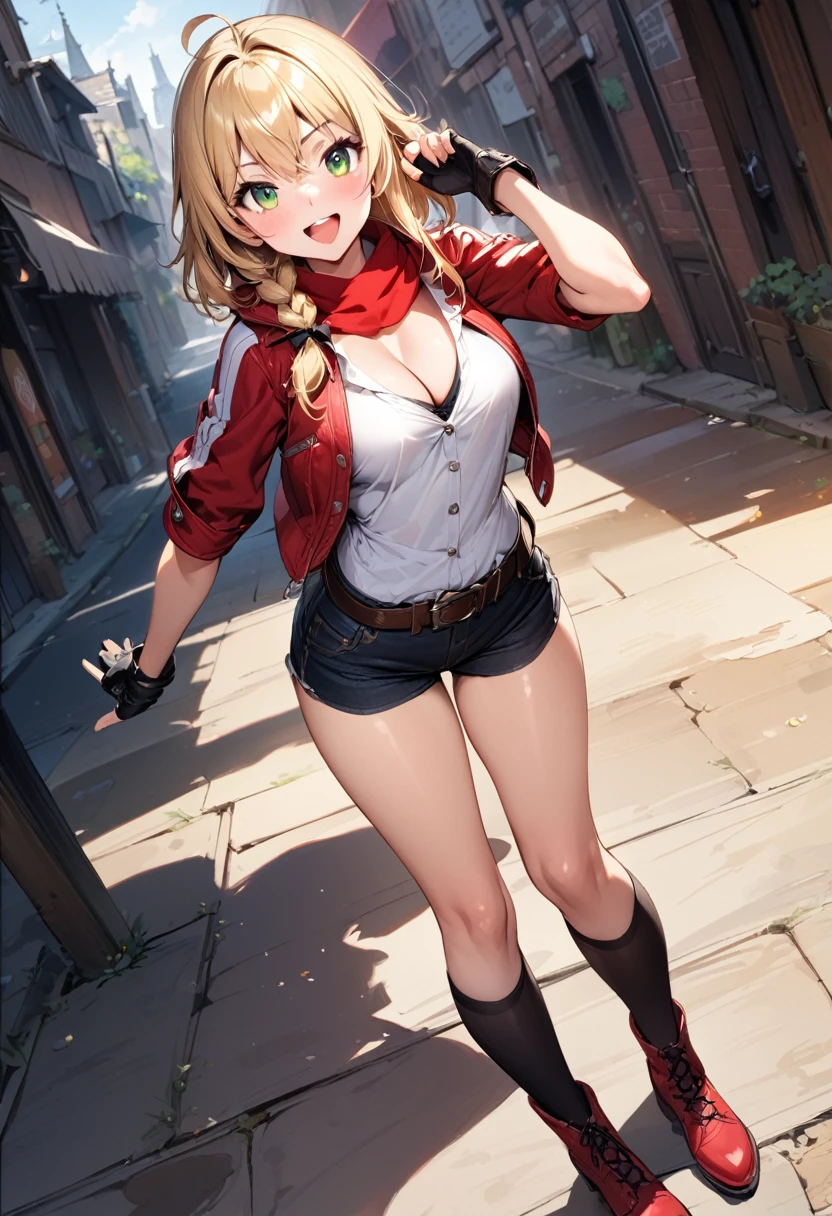 (masterpiece),(best quality),(ultra-detailed),(best illustration),(best shadow),(absurdres),(detailed background),(very aesthetic), 1girl, solo, blonde-hair, braid, boots, ahoge, shorts, gloves, fingerless-gloves, open-mouth, belt, socks, red-jacket, smile, breasts, black-socks, scarf, single-braid, reverse-grip jacket, side-braid, cleavage, medium-breasts, simple-background, kneehighs, green-eyes, looking-at-viewer, cropped-jacket, red-scarf, red-footwear, kirisame-marisa, blush, knee-boots, standing, short-hair, open-jacket, shirt, black-gloves, :d, short-shorts, short-sleeves
