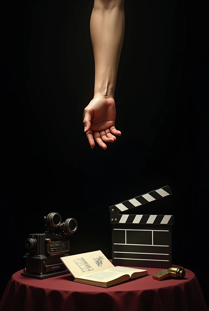 I want an image with an all black background where there is a drawing of a hand like the hand of God in the painting The Creation of Adam pointing to the drawing of a book., a clapperboard and a camera