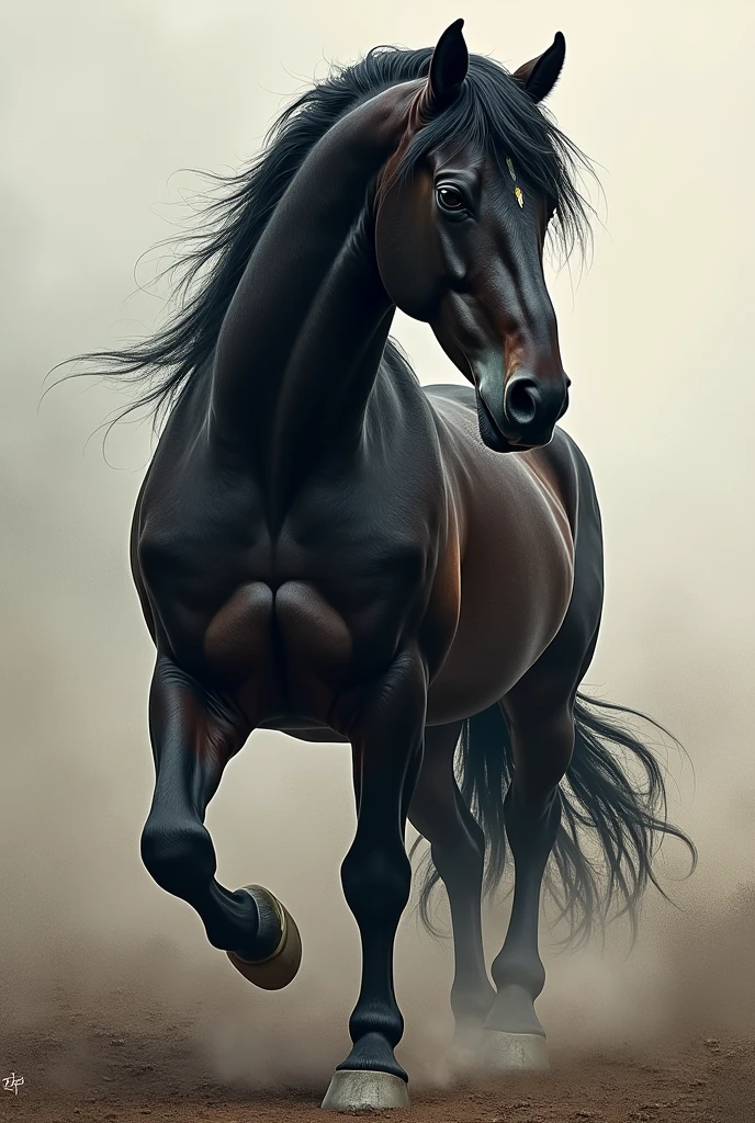 Un cheval sauvage au pelage sombre, avec un arrachement en cuir et des yeux ????