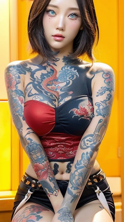 a woman with tattoos and a red dragon on her arm and blue eyes, cartoon character; full body art, dragon girl, the dragon girl portrait, anime woman full body art, Beautiful character painting, detailed anime illustrations, 8K high quality detailed art, Oriental tattoos, by Yang J, full body art muy detallado, Taiwanese girl with tattoos, yakuza slim girl, japanese art style, hourglass body type, big breasts, defined waist , big hips