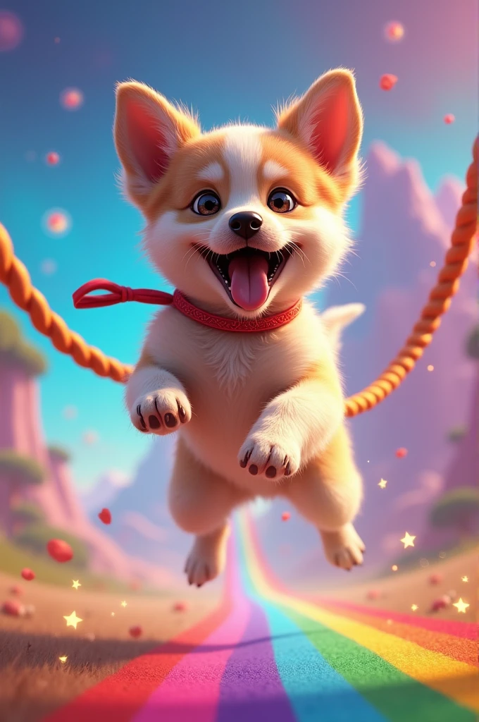 Dog jumping rope with rainbow background