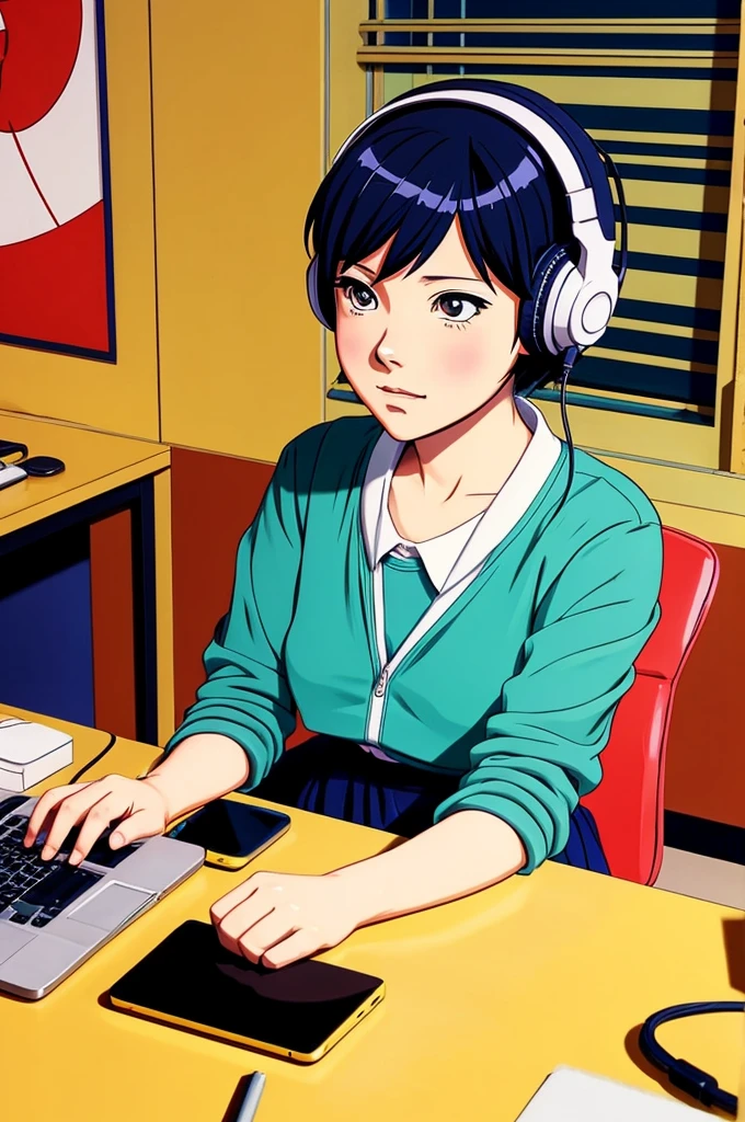 anime character sitting at a desk with a laptop and headphones, an anime drawing inspired by Satoshi Kon, trending on cg society, neo-fauvism, lofi girl and boy, lofi artstyle, lofi art, lofi girl and boy aesthetic, lofi feel, satoshi kon artstyle, lofi colors, in the art style of 8 0 s anime
