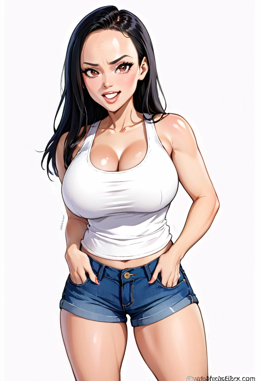 a woman, black hair, long hair, straight hair, black eyes, bare forehead, wide forehead, full lips, big teeth, round tits, big tits, micro shorts jeans, white tank top, standing, white background,