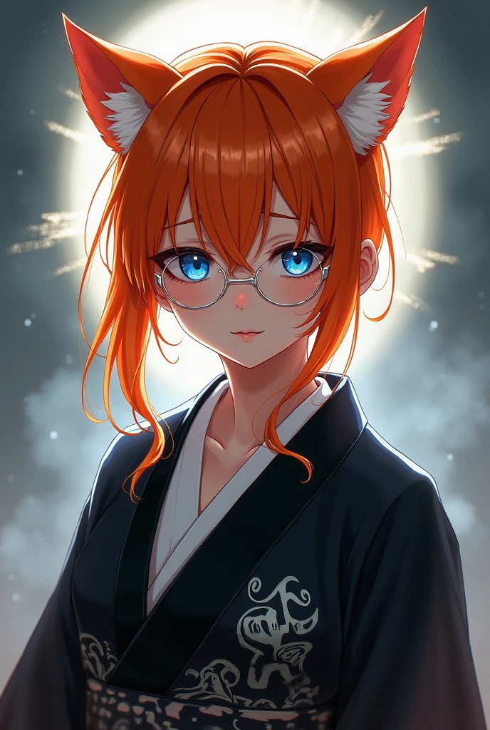 Mature anime girl, orange short hair, wolfcut hair, white thin frame round glasses, Take-Mikazuchi, God of Thunder, blue eyes, black yukata, , playful, cat girl, goth