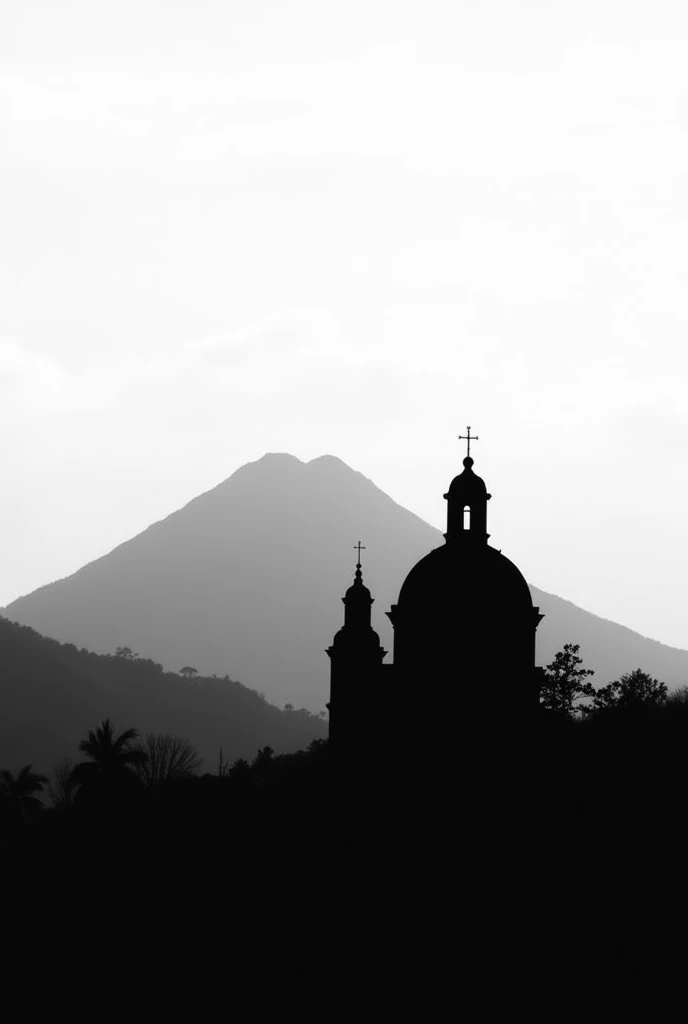 Silhouette of the Zempoala hill in the background in front with the silhouette of the Huauchinango dome church in black and white