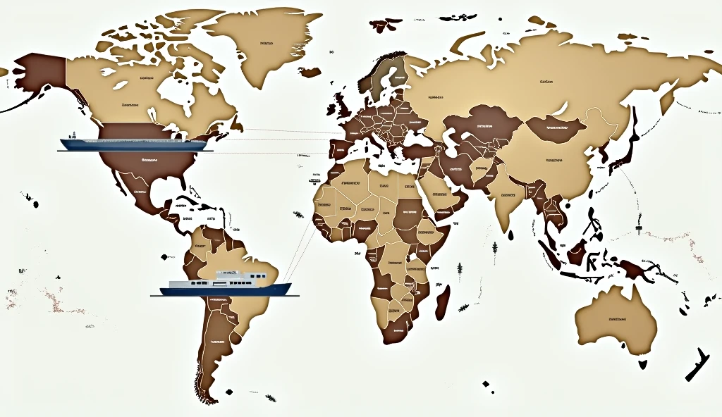 Map showing the route of transporting parcels between countries by ship and plane