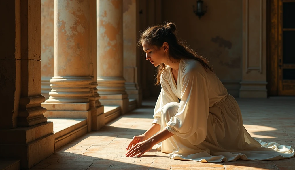 In the heart of an ancient villa, a woman look for a coin in a house. Her expression is one of reverence and contemplation, adding a sense of mystery to the scene. This high-resolution painting captures the moment with exquisite realism, showcasing the woman's flowing robes and ethereal beauty. The composition is in biblical symbolism, inviting viewers to ponder the significance of the event. Ensure that the image depicts the thematic concept of lost coin story and is visually appealing and eye-catching. hyper detailed, dynamic color , wearing a tunic, super emotional image, Great quality and realistic image, the epic scene, hiper realistic, blockbuster, high detailed, , 4K photography, 50mm f/1.8 lens, high details, high face details, high hands details, perfect hands, soft illumination, high quality, natural light, stunning blockbuster background, dynamic angle