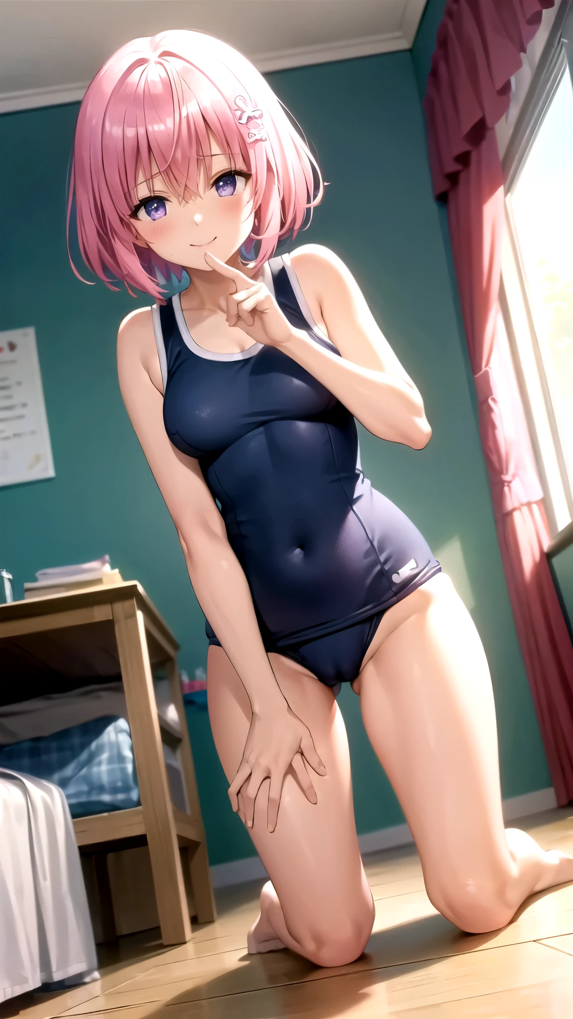 8k,Highest,quality,(highest quality:1.1), (masterpiece:1.4), (Confused:1.0), 
1 person, Deviluke Type, hair ornaments, Bobcut, Short Hair Pink Hair, Purple eyes, Narrow waist,medium breasts, ((Navy blue school swimsuit)), ((((In her room)))), (blush:1.2), smile,（Perfect Fingers）,ass pov,Heavy breathing,((Ass Focus)),(((On all fours))),Turn your back,((Pussy Line)),
