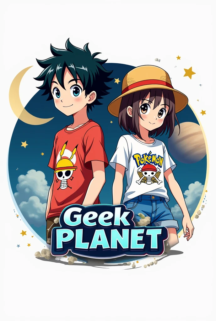 A logo with one or two anime boy and girl figures wearing Pokémon and One Piece t-shirts, with a moon and star symbol in the upper left corner in pink with purple and the world in the background to refer to the name and having the name geek planet in the middle