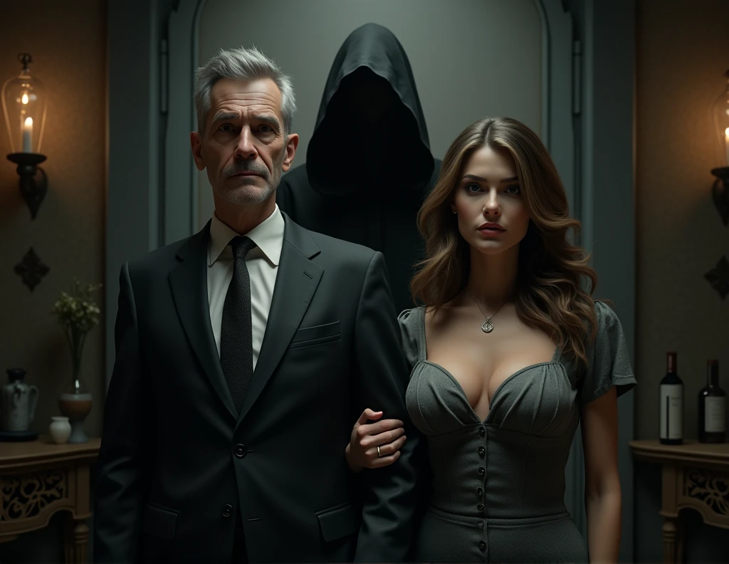 middle aged man couple, businessman, with beautiful wife with big breasts, and a witch woman behind them, at home in a dark environment, horror, fear