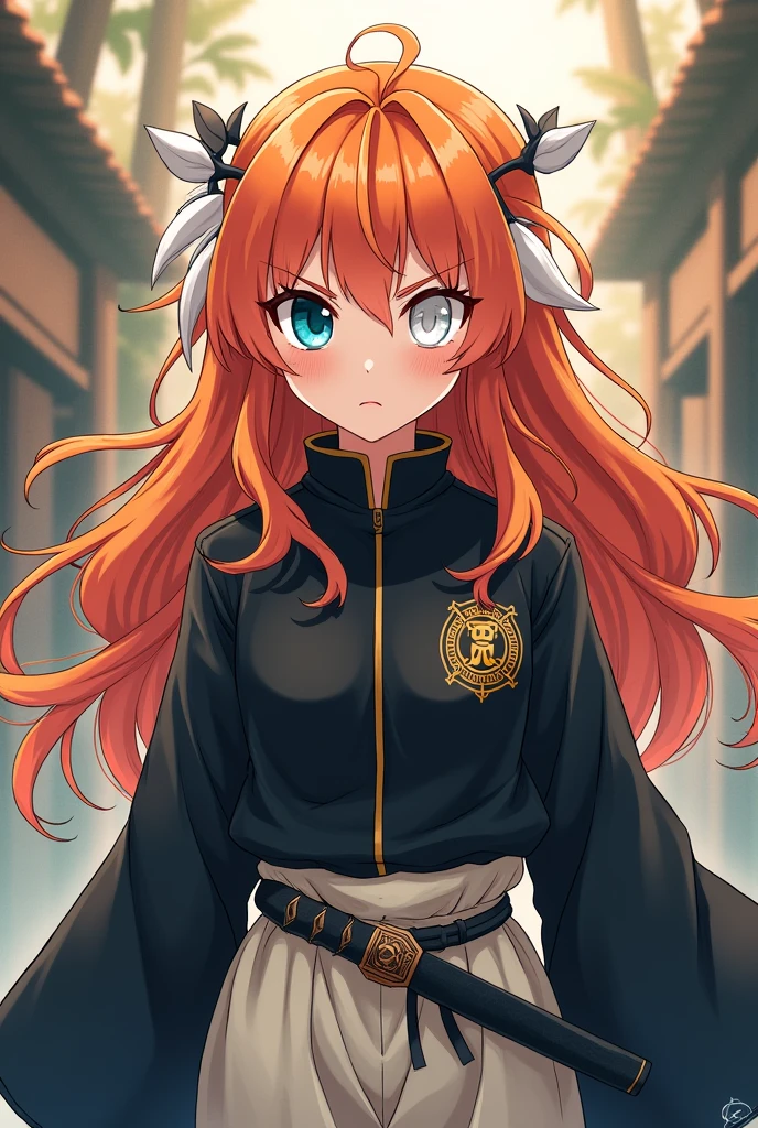 create an orange haired girl, with long, loose hair, with white locks. Their eyes are their most distinctive feature: The right eye is a deep blue, while the left eye is completely white, without iris or pupil. He wears the uniform of the demon hunters, with a light hakama and a black jacket with the organization's symbol on the back. On his belt he carries a Nichirin sword, ready to be drawn at any time. His expression is firm and determined, with an intense look that reflects his determination to fight the demons. The drawing style must be that of Demon Slayer